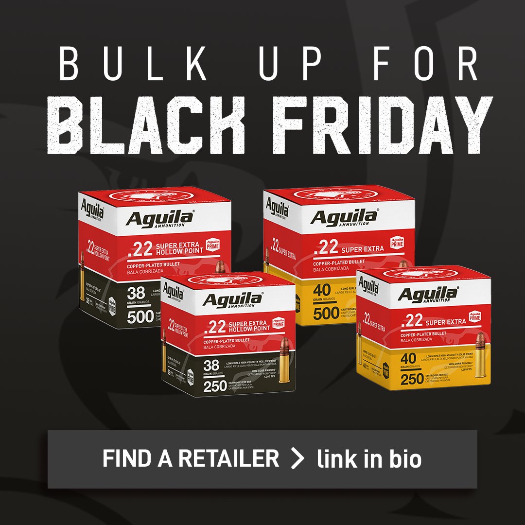 AguilaAmmo's tweet photo. Bulk up for BLACK FRIDAY! - head over to https://t.co/r3AhBKknYr to find a retailer near you! @AguilaAmmo 22s on sale at mutiple retailers!
#blackfriday #aguila #22 #hollowpoint #superextra #hollow #pewpew https://t.co/UHsRjhvc6g