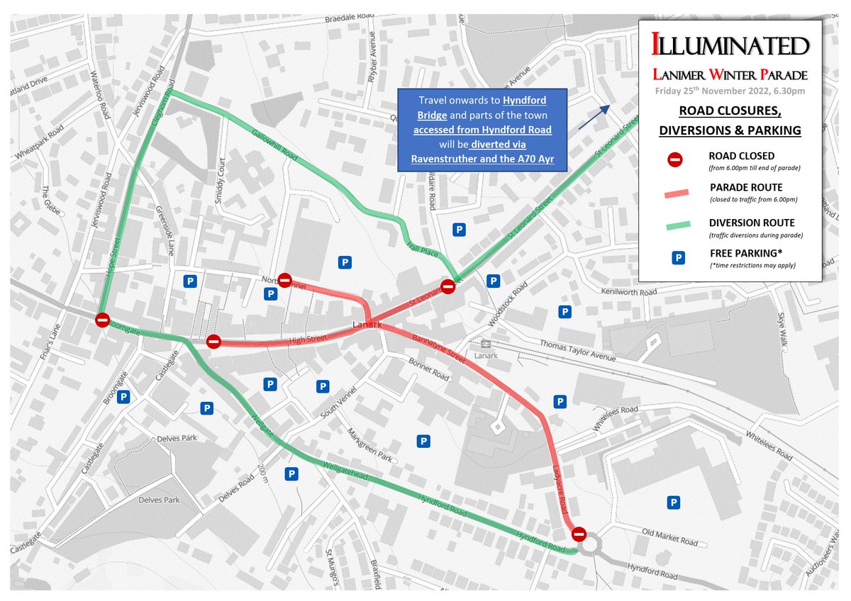 ** IMPORTANT INFORMATION FOR TONIGHT'S ILLUMINATED PARADE 25/11/22**
For the safety of participants and specators during tonights Illuminated Lanimer Winter Parade, roads on the parade route will be closed to traffic from 6pm to allow for the participants to safely assemble.