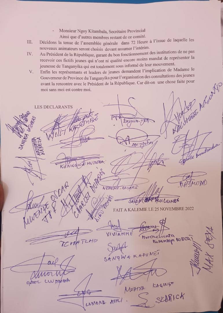 Satcheassangwa9's tweet photo. La jeunesse de la province du Tanganyika déclare démissionnaire la coordination provinciale et son président Manda Robert. Ci-dessous leur déclaration et les griefs reprochés à ces derniers. https://t.co/6STSfIm6KJ