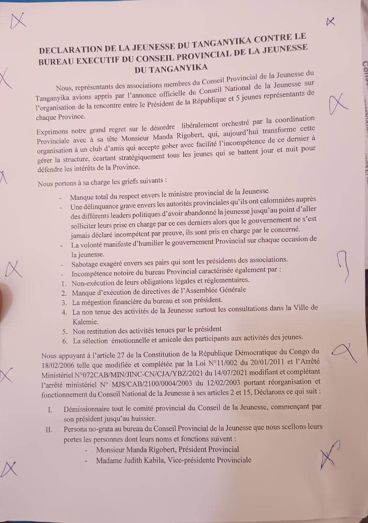 Satcheassangwa9's tweet photo. La jeunesse de la province du Tanganyika déclare démissionnaire la coordination provinciale et son président Manda Robert. Ci-dessous leur déclaration et les griefs reprochés à ces derniers. https://t.co/6STSfIm6KJ