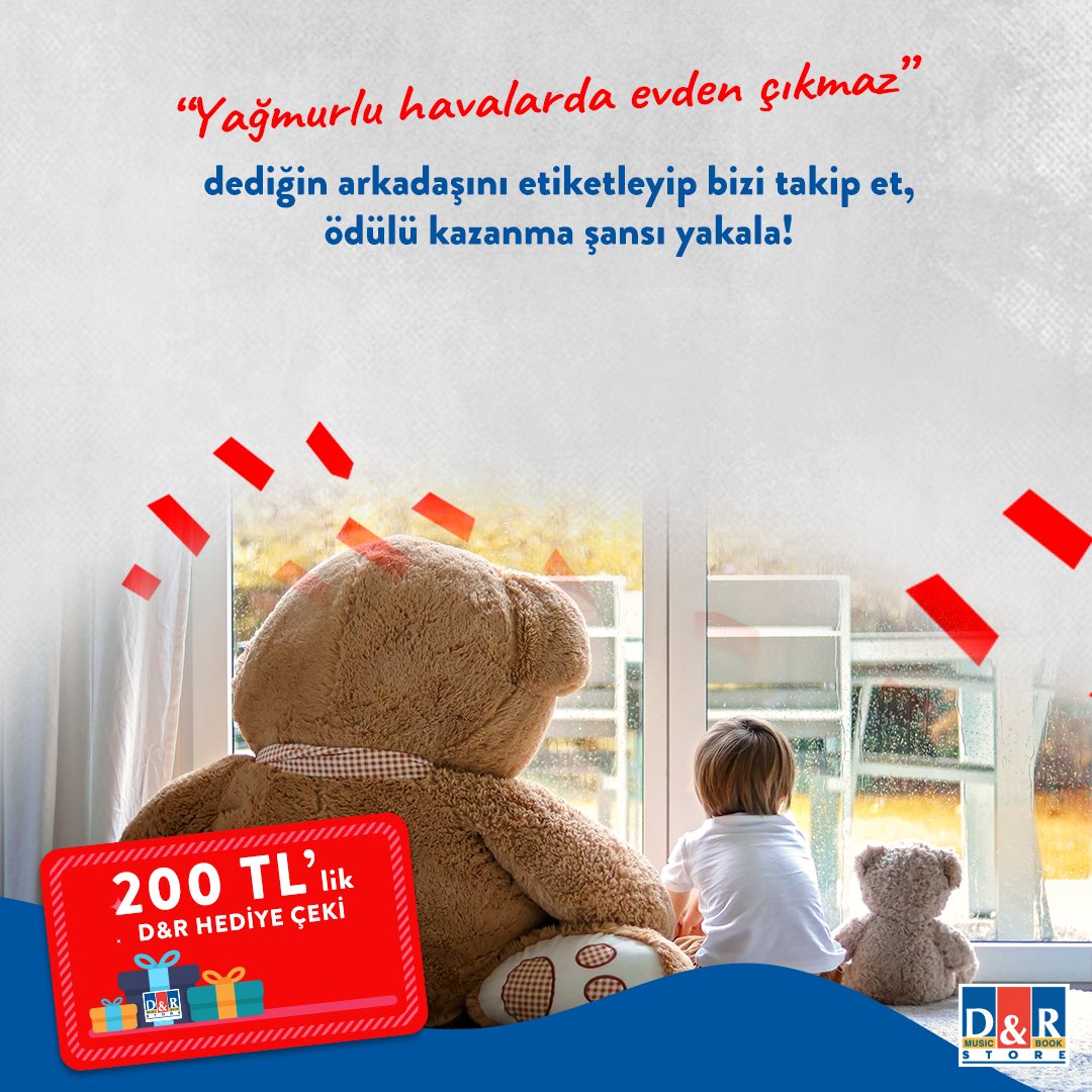 DRdunyasi's tweet photo. Sadece takipçilerimize özel, Cuma şansı D&amp;R yarışması bu hafta yağmurlu havada evden çıkmayanlar için geliyor! Bizi takip edip yağmurlu havalarda evden çıkmaz dediğin arkadaşını bu postun altına etiketle, 200 TL'lik D&amp;R hediye çeki kazanma şansı yakala! https://t.co/xGZlNEo3PU