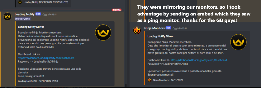 Simone_kenz's tweet photo. Leaking our ping monitors, our info, and also mirrored the entire server lmao.

Anyone in @NinjaMonitors can now join @LoadingNotify with a 2 week free trial! 🔥  

Dashboard Link => https://t.co/wtMmKx9rDs
Password => LNxNinja

If you want several laughs, here are the screens 😂 https://t.co/JhYqTRqiQP