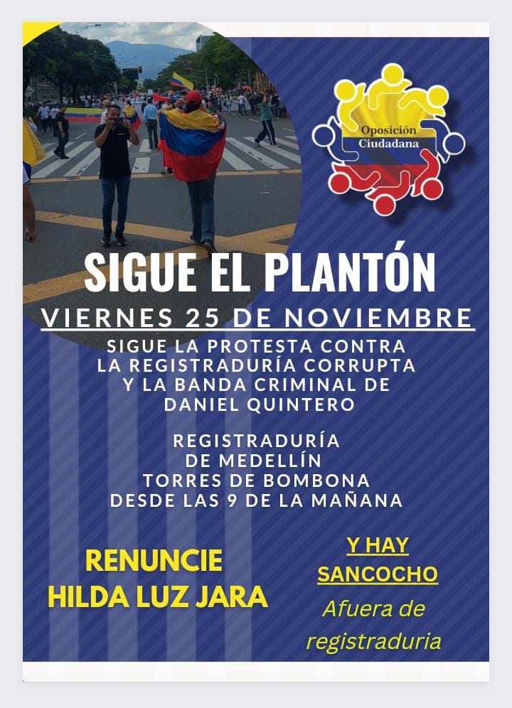 Liliana23574861's tweet photo. Hoy es hoy no nos callaran hasta que renuncie la registradora cómplice de pinturata y alex vega y Carlos Trujillo, Hilda jara no da garantías y además viola la constitución al no dejar votar a los ciudadanos #AfueraAlexVega
#MedellinPideRevocatoria
#DanielSiSeVa
@CIDH https://t.co/189bFd51DQ