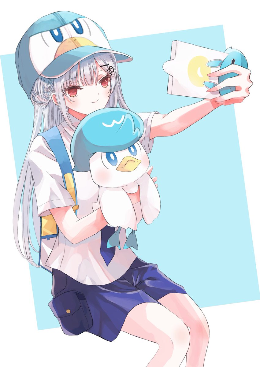 1girl pokemon (creature) hat holding red eyes shirt shorts  illustration images