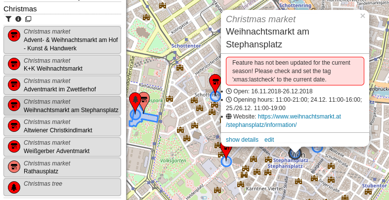 opstreetbrowser's tweet photo. The christmas season is coming, and with it all those christmas trees and markets! It's time to check, if the map in your area is up-to-date. Use the Christmas category on OpenStreetBrowser to check if all xmas features are mapped correctly! #OpenStreetMap
https://t.co/G4kJ6do9em https://t.co/oxRkXNDf6r