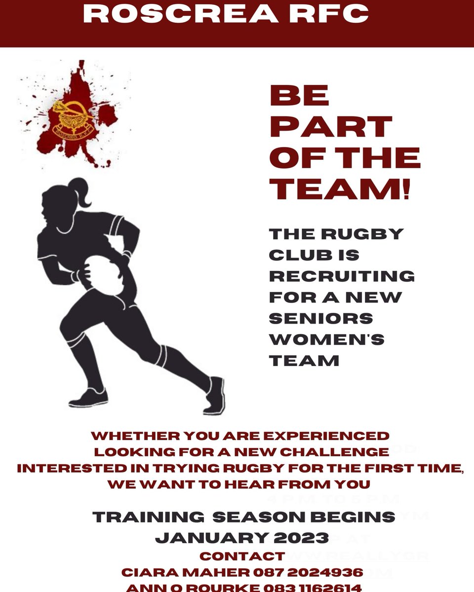 Roscreagirls's tweet photo. WE ARE RECRUITING 
We are looking for New and Old players to join and become part of our new Seniors Women’s team in Roscrea RFC 
Training will begin in January 2023 
Contact Ciara 087 2024936 or Ann 086 1162614
@RoscreaRFC @budgiekane @PatG09 @moore_k91 @JennieBagnall https://t.co/nsvGFXprvj