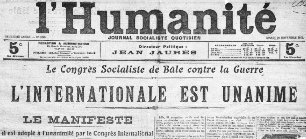 MaitronD's tweet photo. Le 25 novembre 1912 s'achevait le congrès socialiste international de Bâle. 
Le lendemain, "L'Humanité" lui consacrait toute sa une. 

Parmi les participants au congrès : 

* Jean Jaurès : https://t.co/lTj9ytrNfD 

* James Keir Hardie : https://t.co/iPc83Sg1pF https://t.co/cmk9Lctn0i