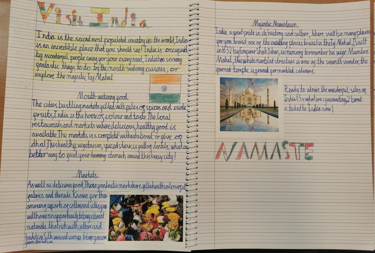 MissStephenso19's tweet photo. Look at the amazing writing our Year 6s have created to persuade you to visit India, as part or our geography enquiry. @pvacademies @FlyingHighTrust @FHTGeography https://t.co/BAGiTlyCgU