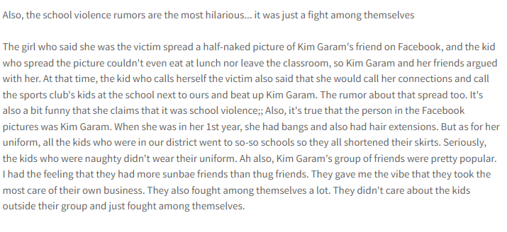The way the article consisting Kim Garam's classmates defending her got barely 250 likes and the false news about the imaginary restraining order got 10k+ tells a lot about what the agenda was from the starting. There were people supporting her. Y'all just refused to listen