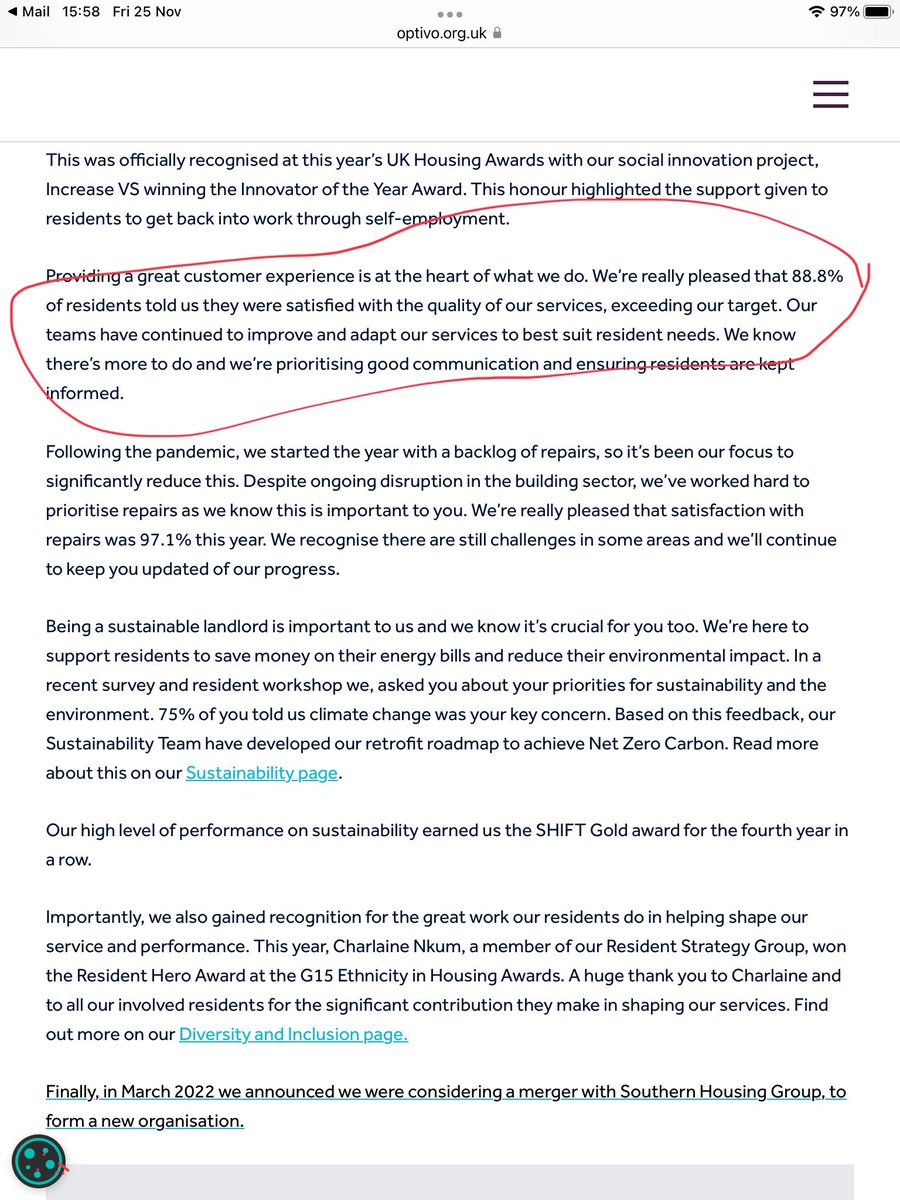 stroppe_o's tweet photo. Hi @optivohomes - fascinated to read CEO’s statement in your annual review stating 88% of residents are satisfied with quality of your services. Please explain how this is evidenced? Am long standing resident who was not asked to rate your services &amp; would have loved to do so. https://t.co/YhdctxOCvW