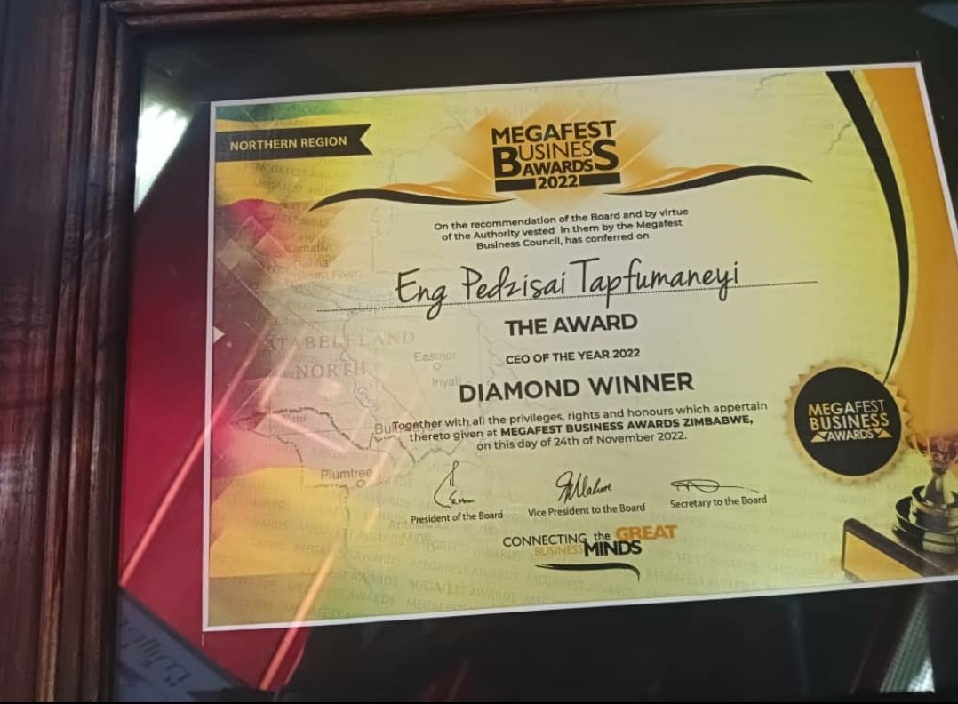 pedzie2016's tweet photo. Engineer Pedzisai Tapfumaneyi won 2022 CEO of the Year award at Megafest Award Ceremony last night. https://t.co/s41Zd4WSWD