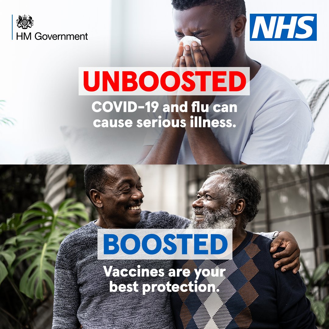 Covid and flu spread more quickly in winter and can cause serious illness.

If you're over 50 or in an at-risk group, you're eligible for a free flu vaccine and a Covid booster.

More: nhs.uk/wintervaccinat…