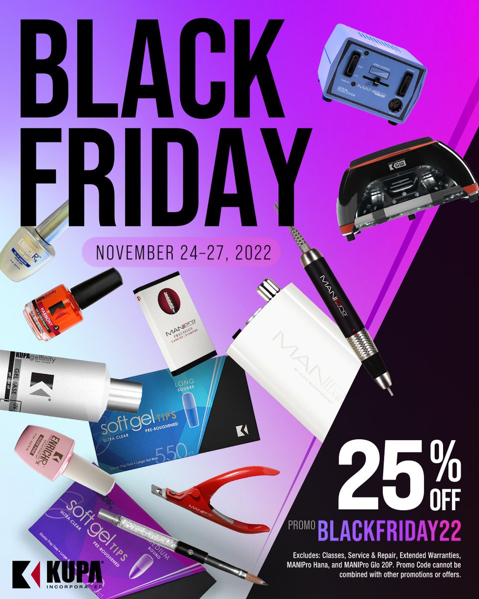 KupaInc's tweet photo. Huge 25% off SITEWIDE 👀 Use promo code BLACKFRIDAY22 at checkout! Shop now on the web on mobile app! 📱https://t.co/YBDnqWKDph 

#TeamKupa #manipro #manicure #gelnails #builderinabottle #kupanails #kupainc #kupageltopcoat #maniproglo #blackfridaydeals #blackfridaysale https://t.co/TlrnwrPZjO