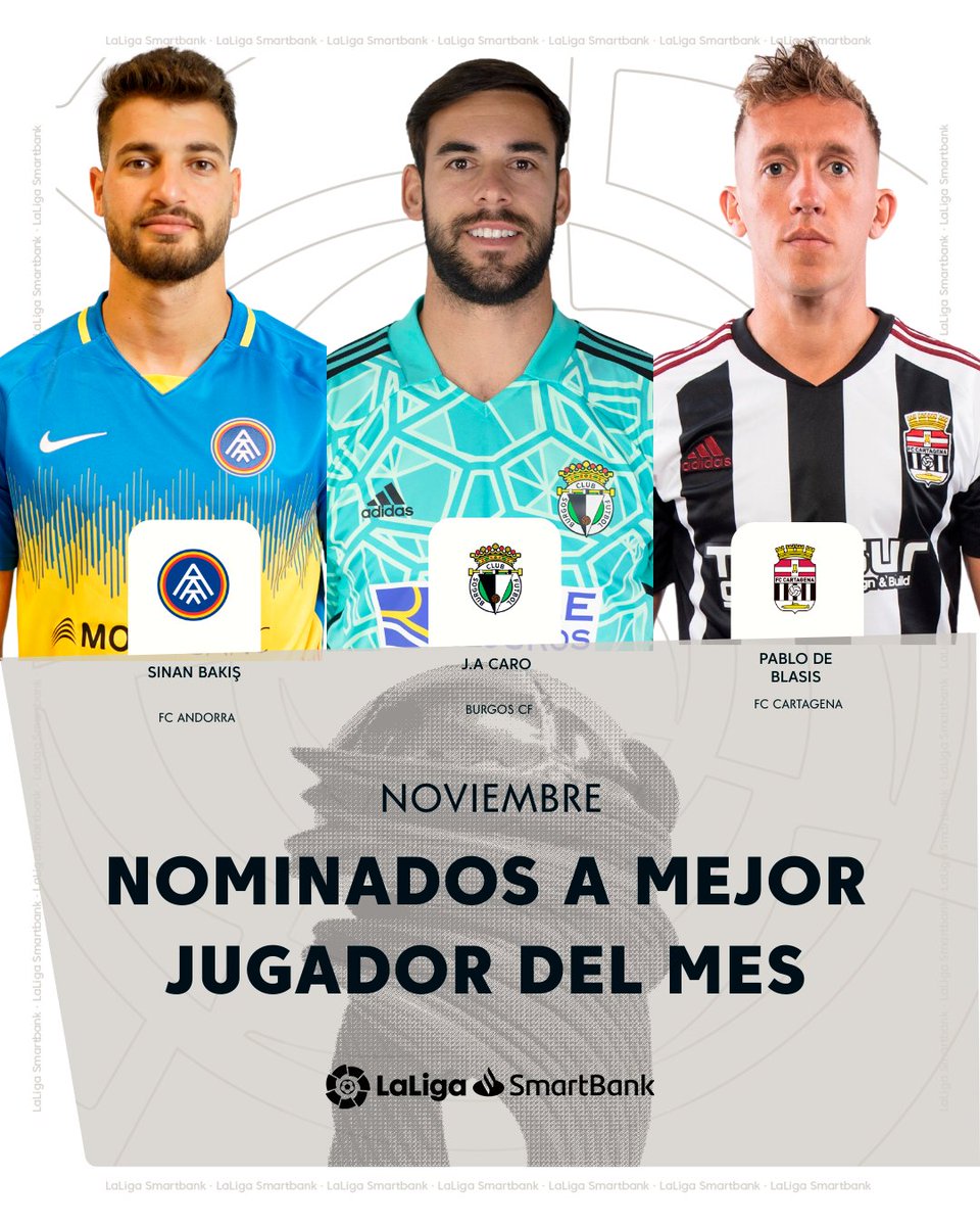 LaLiga2's tweet photo. 🎩 Sinan Bakis (@fcandorra)
🔥 @Jose13Caro (@Burgos_CF)
⚽ @Pedb32 (@FCCartagena_efs)

¡Estos son los nominados al Mejor Jugador del Mes de noviembre en #LaLigaSmartBank! 🔝

😉🏆 ¿Quién será el ganador?

#MVP 
#POTM https://t.co/fFCXFphba7