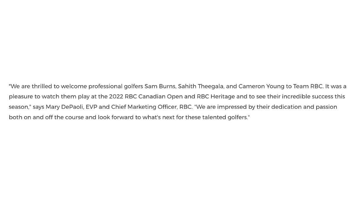 adam_stanley's tweet photo. NEW: @RBC has added world No. 14 Sam Burns, recent PGA TOUR Rookie of the Year Cameron Young, and up-and-coming star Sahith Theegala as ambassadors. https://t.co/ezkvNEVPQF