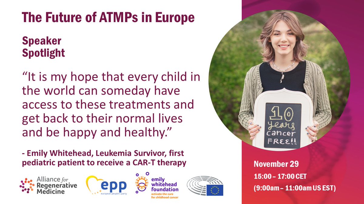 alliancerm's tweet photo. Emily Whitehead was the first-ever pediatric patient to receive a CAR-T cell therapy after rounds of chemotherapy failed to treat her leukemia. 

On Tuesday, we will hear from Emily and her father, Tom, about their quest to ensure other patients can benefit from CGTs. #ATMPEurope https://t.co/BAHq4FExmp