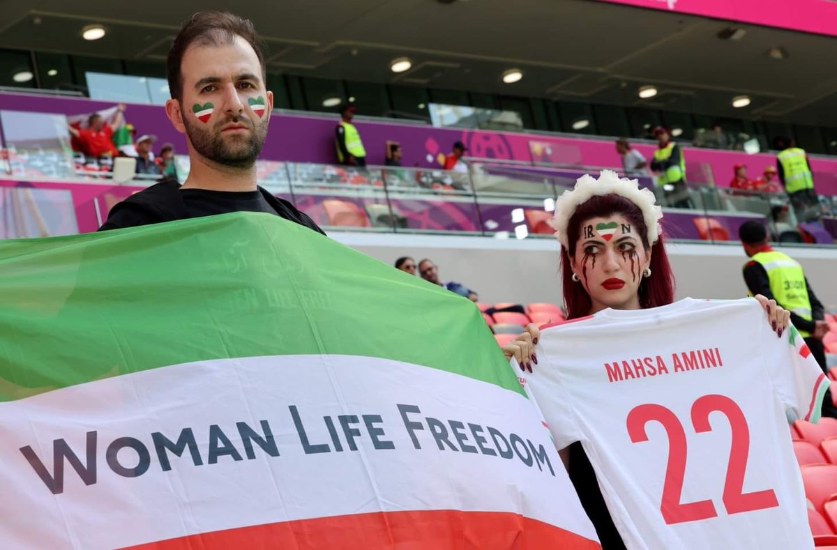 le_miel_1's tweet photo. While you’re celebrating the WorldCup, Iran's regime killed people in iran.
Also Qatar didn't let anyone use their #WomanLifeFreedom flag which use instead of mullahs flag
#وریا_غفوری 
#FIFAWorldCup 
#SayTheirNames https://t.co/q3MQg3dV6w