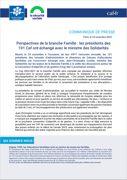 #CommuniquéDePresse

Perspectives de la #BrancheFamille : les présidents des 101 #Caf ont échangé avec le ministre des Solidarités, <a href="/JCCOMBE/">Jean-Christophe COMBE</a> 

👉caf.fr/sites/default/…