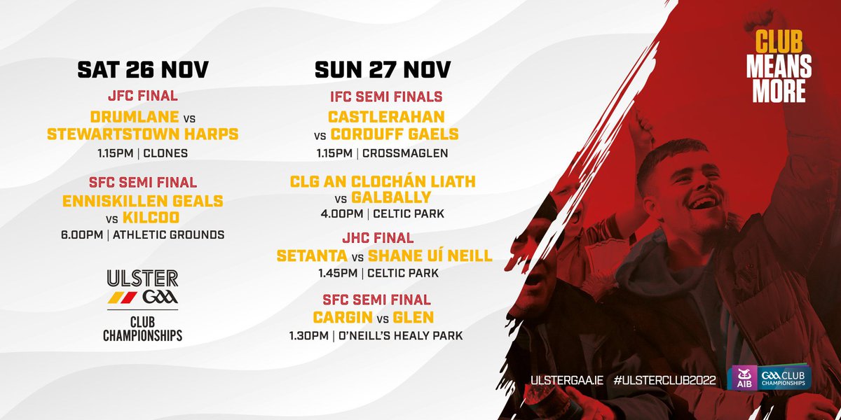 This weekend in the #UlsterClub2022 Championship! 🏐 Junior Football Final ⚾️ Junior Hurling Final 🏐 Intermediate Football Semi Finals 🏐 Senior Football Semi Finals 🎟️ Get your tickets online in advance 👉 ulstergaa.ie/tickets ⚠️ No ticket sales at grounds #ClubMeansMore