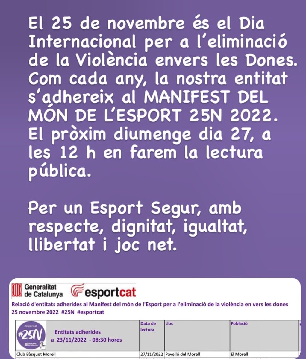 Per un Esport segur, amb respecte, dignitat, igualtat, llibertat i joc net.
#25N