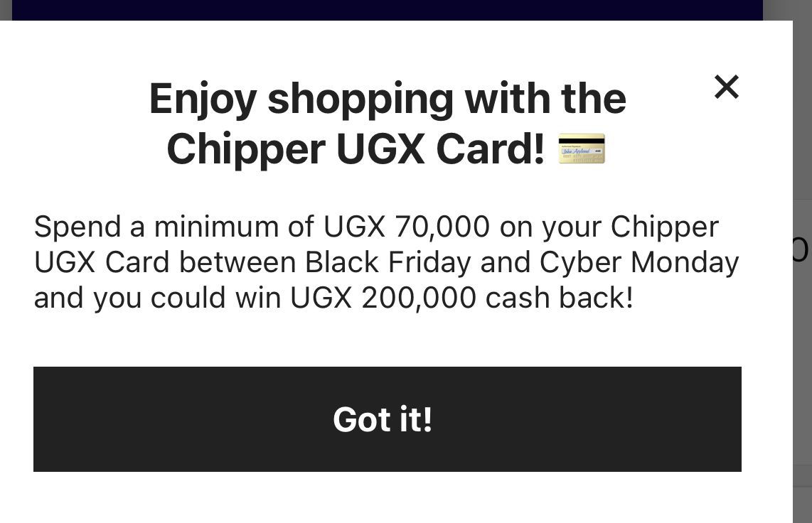 brendamary_kemi's tweet photo. Spend a minimum of 70k on your #ChipperUGXCard and stand a chance to win 200k between Black Friday and Cyber Monday. https://t.co/O3PrwtQWmD