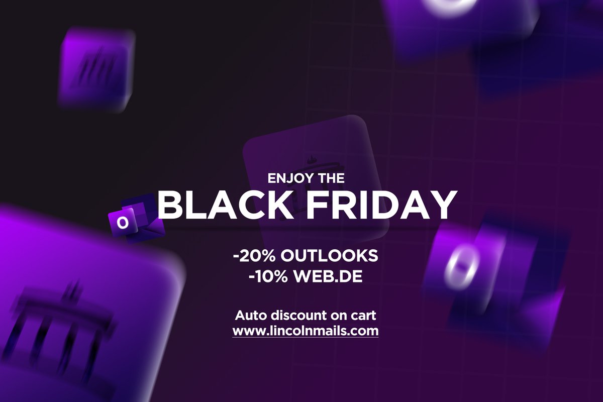 Hi everyone !👋
Enjoy the Black Friday on LincolnMails !
-20% on Outlooks
-10% on Web-de

Automatic discount applies on cart
Discount take ends on Sunday 23:59 ⏳
lincolnmails.com