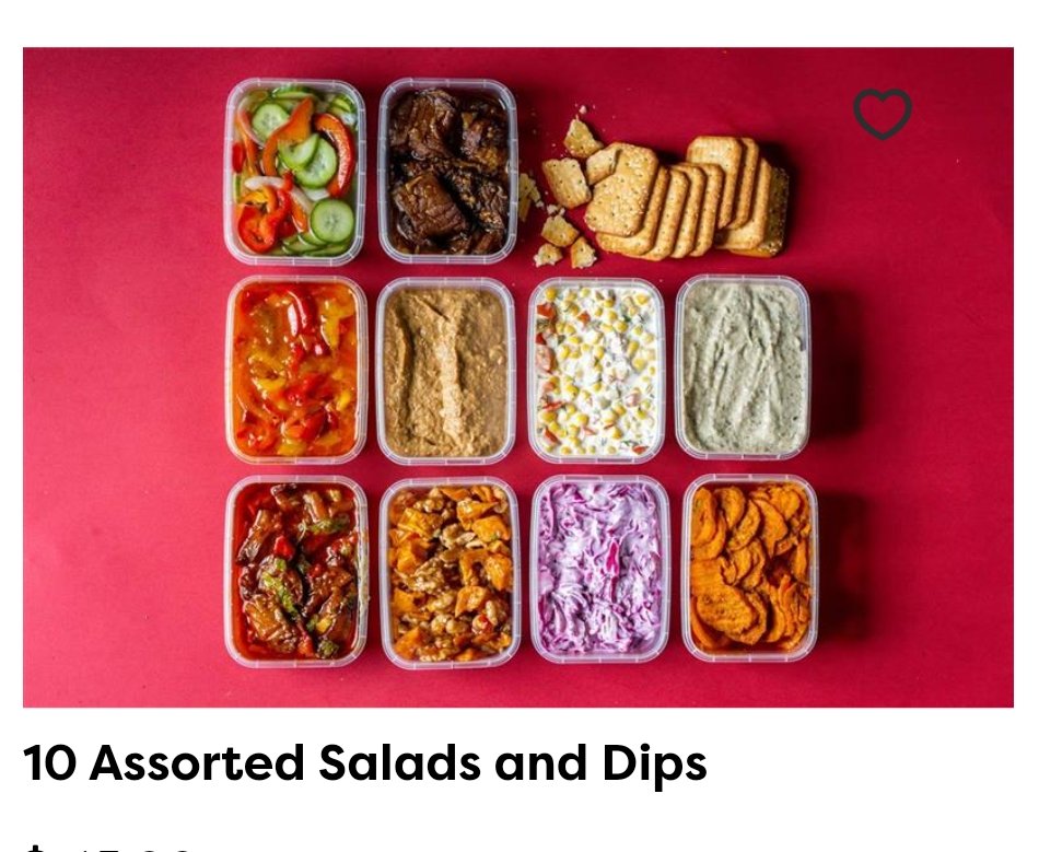 From the caterer's website, a picture of 10 different dips for bread or crackers. E.g. hummus, grilled eggplant, corn salad, etc.