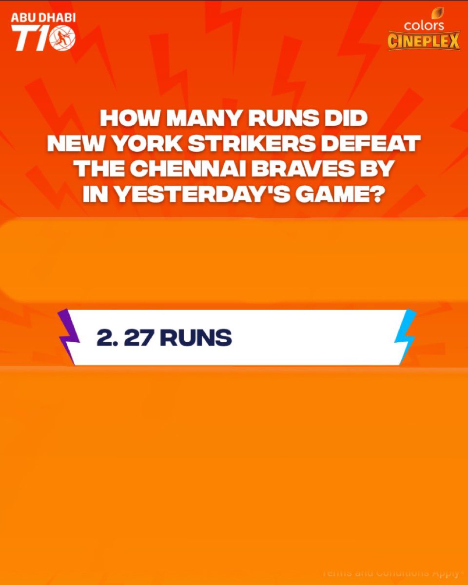 Ans3)2. 27 RUNS

<a href="/Colors_Cineplex/">Colors Cineplex</a> <a href="/T10League/">T10 Global</a> #DusSabseZabardast #T10onColorsCineplex <a href="/Sports18/">Sports18</a> <a href="/JioCinema/">JioCinema</a>

Join
<a href="/Chinmay1415/">CHINMAY GHARAT</a> <a href="/mayursaun/">Mayur Saun</a> <a href="/JainShantilal12/">Sarvesh Jain</a>