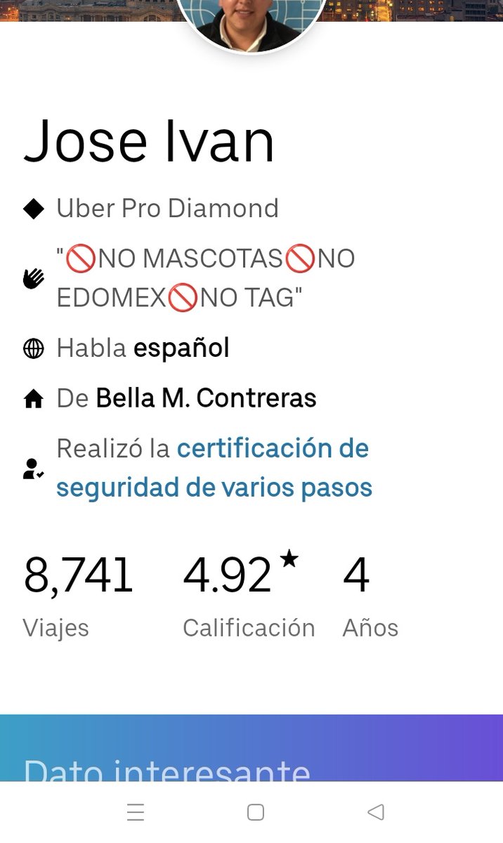 Dant_Ra's tweet photo. En qué momento @Uber_MEX se transformó en una app de citas? Al leer este perfil del chófer me sentí en Tinder. 🤣 https://t.co/DVxV5t4fT2