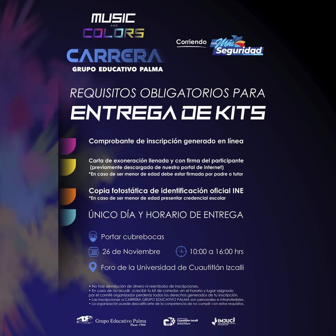 UciChopos's tweet image. 🏃🏼🏁🏃🏼 ¡Estamos a unos días de disfrutar de la #Carrera #GrupoEducativoPalma #MusicAndColors! 🏃🏼🏁🏃🏼 

👉🏼 Conoce los requisitos, fecha y horario para recoger tu #KIT de corredor y así #JUNTOS llegar a la meta con nosotros. 
#CorriendoConMásSeguridad #CuautitlánIzcalli #IMJUCI