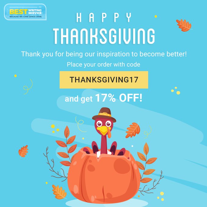 BestWritingAE's tweet photo. Thank you for being our inspiration to become better! Place your order with code THANKSGIVING17 and get 17% OFF! Use it till November 26
https://t.co/YJMDeSFiM7
#holiady #writinghelp #discount #bestwritingservice https://t.co/EnxnaYLDCs
