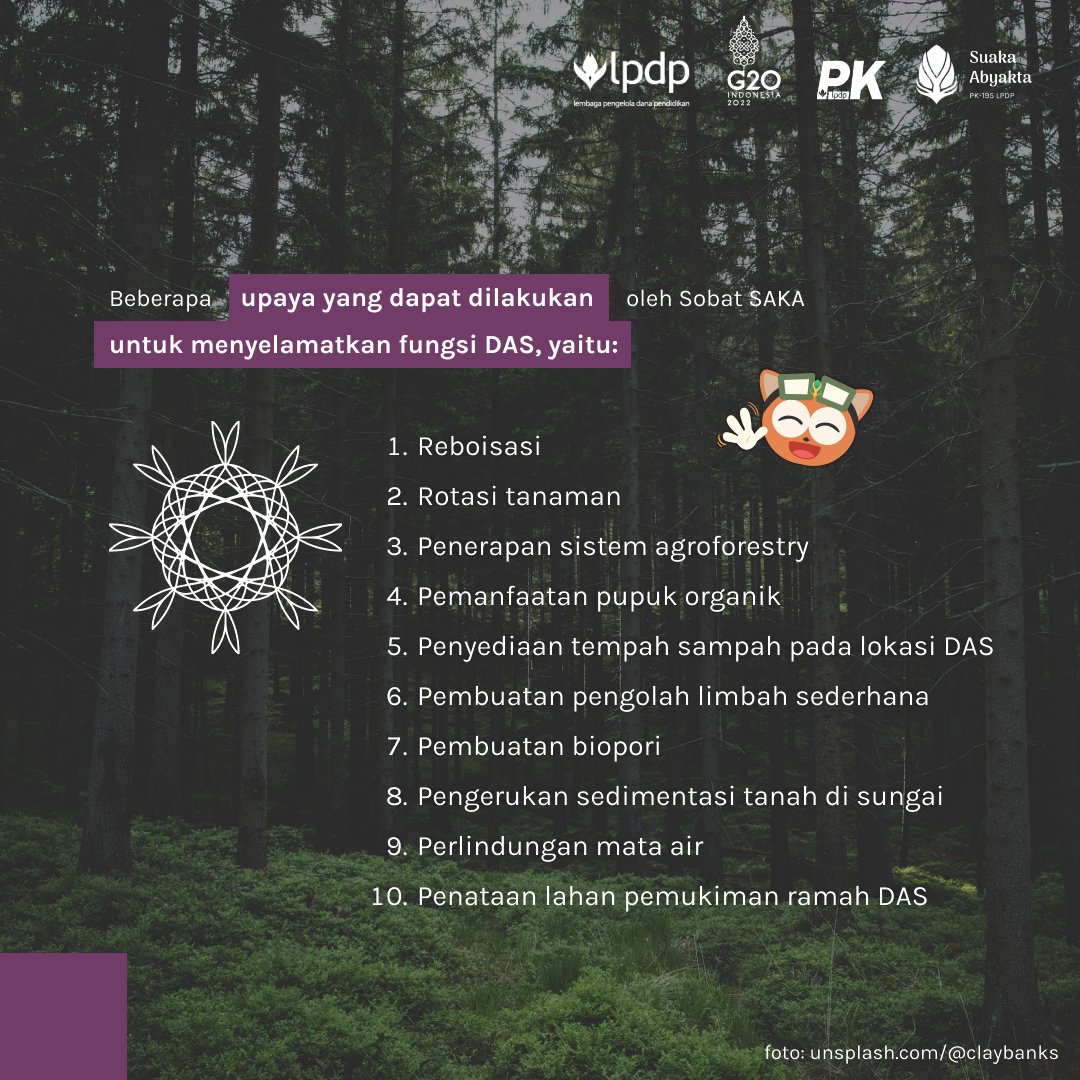 theonapit's tweet photo. Hai sobat SAKA!

Hari ini teman-teman #SuakaAbyakta akan mengurai beberapa langkah untuk menyelamatkan fungsi DAS di sekitar kita mulai dari reboisasi hingga penataan lahan pemukiman

@lpdp_ri
#DiriUntukNegeri
#PK195
#SuakaAbyakta
#AkuPastiMengabdi
#SDMunggulIndonesiaMaju https://t.co/HgRivRuWLH
