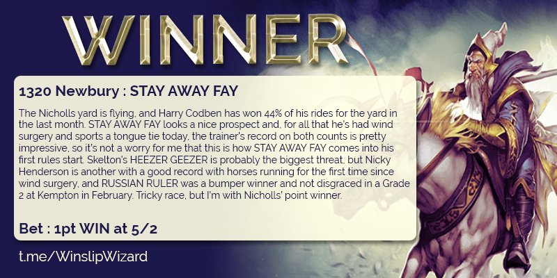 WinslipWizard's tweet photo. 🥇 STAY AWAY FAY 💥 Take a bow, @CobdenHarry! Tremendous ride from Harry to land the spoils at @NewburyRacing for @PFNicholls. Another winner for today's #WizardsTips ✅

#HorseRacingTips #RacingTips #Tipster #HorseRacing https://t.co/bvoiwU8AXH