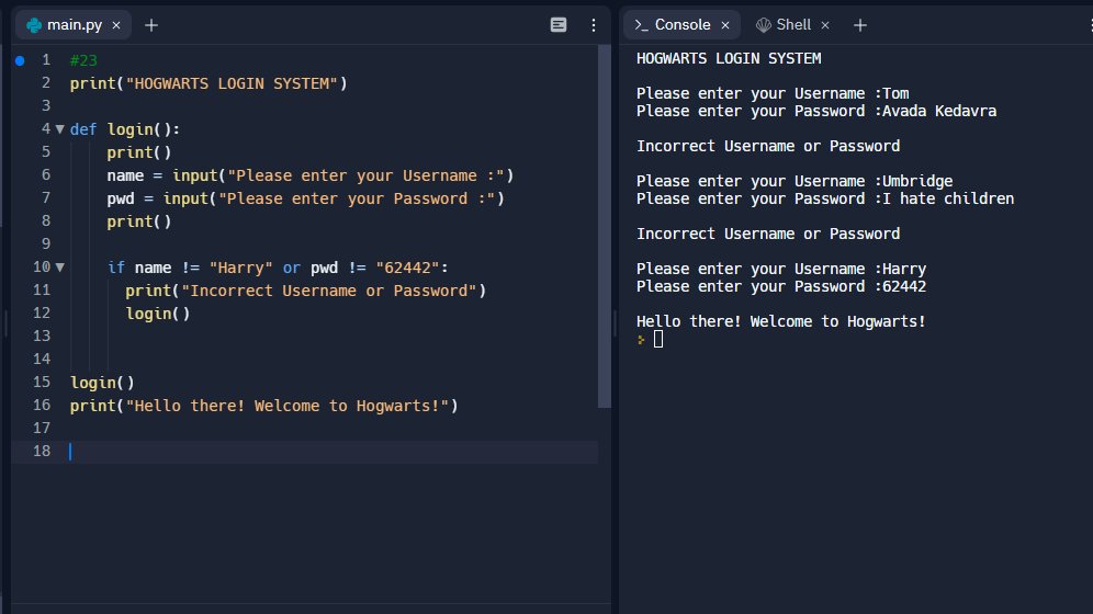 ExpectoPatrona3's tweet photo. Made a login system for Hogwarts! Just in case🫣 Day 23 of #Replit100DaysOfCode #100DaysOfCode. Join me on @Replit https://t.co/jegusaqiGD https://t.co/dNNagmjCsg