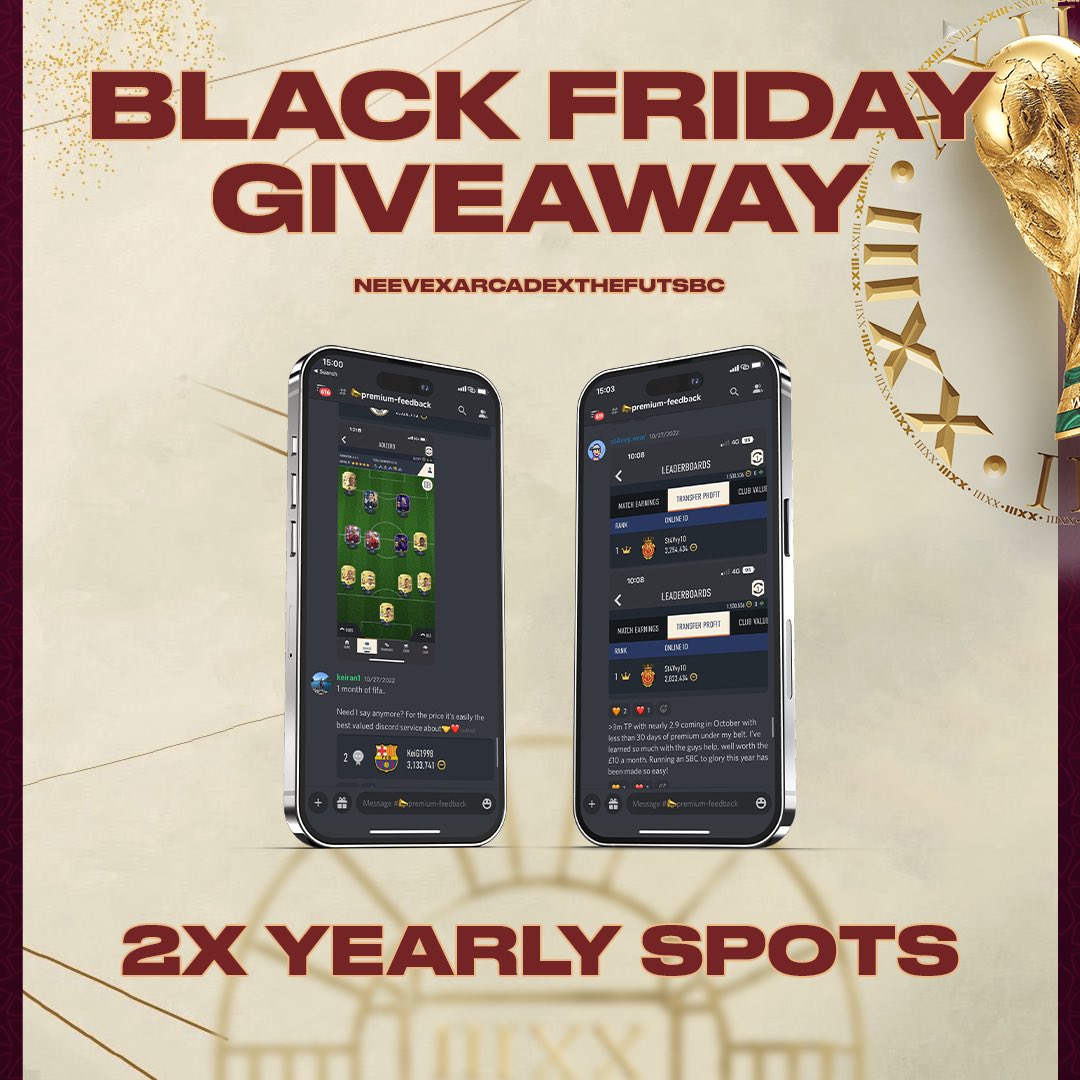 FutArcade's tweet photo. 🔥Black Friday GIVEAWAY🔥

We are giving away 2 Yearly spots to our Fifa23 premium trading Discord 👀

🔂 RETWEET THIS TWEET
✅ Follow @TheFUTSBC @officialneeve @FutArcade 

#fifa23 #coins #fut23 #fifa #trading #giveaway https://t.co/KYYIxvCYSi