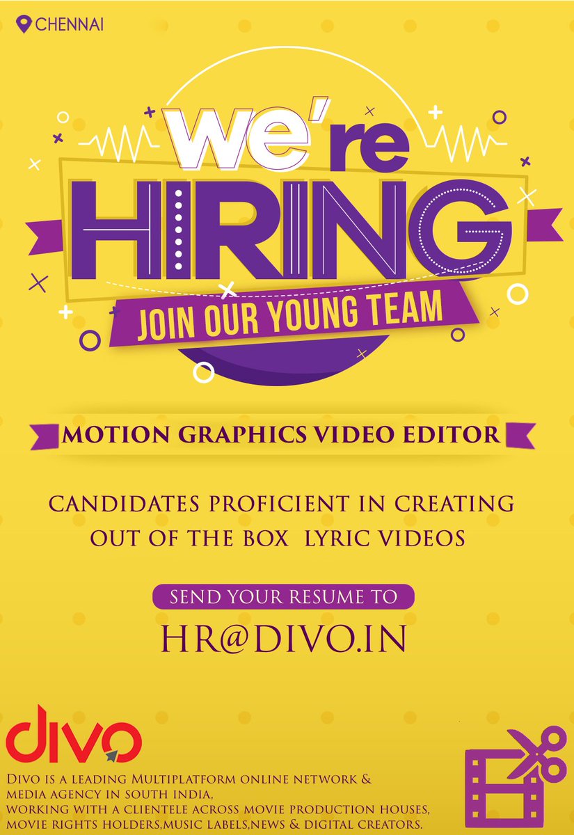 divomovies's tweet photo. Job Opening Alert 🚨
We are hiring MOTION GRAPHICS VIDEO EDITOR ✂️ 🎞️
Location - Chennai
Send your resume to hr@divo.in📮
#Hiring #VideoEditor #DivoHiring #WorkAtDivo #Editor #JobsAtDivo https://t.co/leYm80a9f6