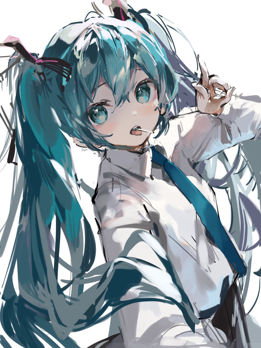 hatsune miku 1girl solo long hair twintails necktie shirt food  illustration images