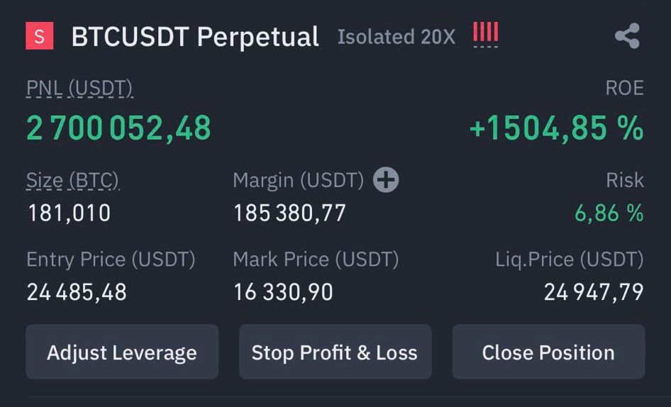 BigOsCrypt's tweet photo. Shorted the sh*t out of $BTC and made life changing money, again! 

So excited I’m giving away 22 mm $BTC (not joking) to random anon who like, retweet and follow me in 24hrs! https://t.co/DGyUIQ2YnV