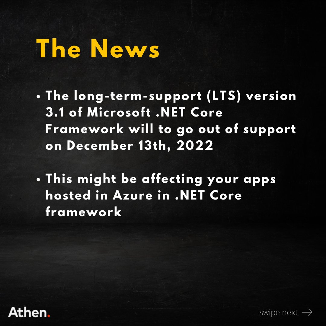 WeAreAthen's tweet photo. .NET Core 3.1 reaches its end of support. This is what you need to know.

#dotnetcore #support #microsoft #athentechbits #athentech https://t.co/9oEVVFbgDw