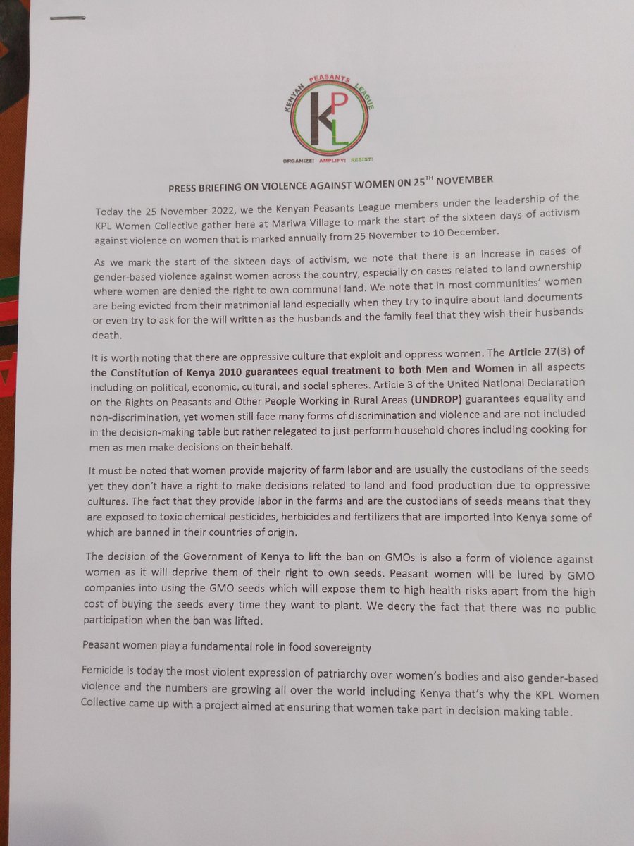 KPL_Women's tweet photo. KPL Women Collective holding a press briefing on Elimination of violence against women and also About the GMOs crops that have recently enter our country
#FoodSovereigntyNow
#EndViolenceAgainstWomen
#25thNov #16DaysOfActivism
@PeasantsLeague @via_campesina @LVCSEAf https://t.co/9cP5sQJ15G