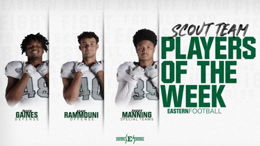 EMUFB's tweet photo. Week 12 vs CMU Scout Team Players of the Week are...

Defense: @JadenGaines6 
 
Offense: @AdamRammouni5
 
Special Teams: @barrymanning33 
 
 #ETOUGH ⛓ #BeatCMU https://t.co/46zePLe0Zj