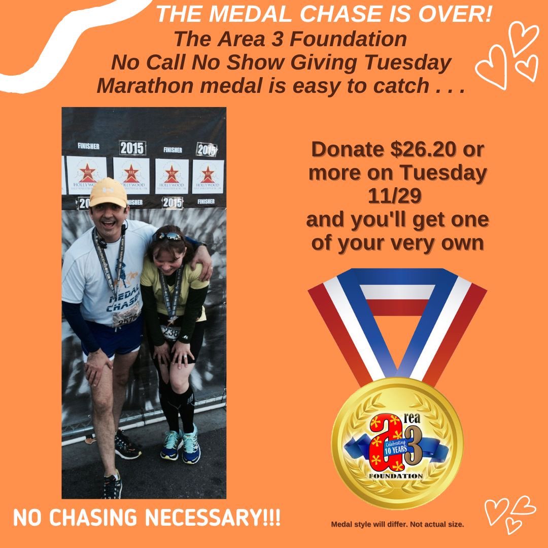 The <a href="/Area3Foundation/">Area 3 Foundation</a> No Call No Show #GivingTuesday MARATHON!

Stay tuned here for the donation link, Tuesday 11/29 at 8am EST.  Donate $26.20 (or MORE!) to the #A3F and … YOU GET A MEDAL!

#Nonprofit #Nonprofits #Causes #Dept384 #ZooCrew #Donations #Donate #Donation