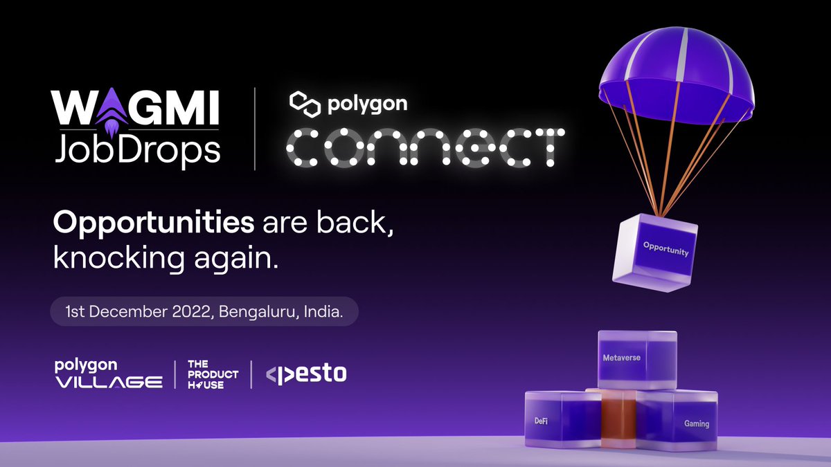 0xPolygon's tweet image. #WAGMI JobDrops is back 🔥

Powered by Polygon Village along with @0xTPH &amp;amp; @PestoTech, a new edition of the acclaimed job fair is here.

If you’re looking to mint your #Web3 success story then drop whatever you’re doing AND 👇