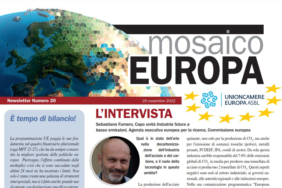 unioncamere's tweet photo. Nel nuovo numero di #MosaicoEuropa, la #newsletter di #UnioncamereEuropa, intervista a Sebastiano Fumero Capo unità Industria futura a basse emissioni Agenzia esecutiva europea per la ricerca, Commissione europea, sulle strategie #Ue di #decarbonizzazione https://t.co/C8C1EuPRPn https://t.co/mpbosdNHjx