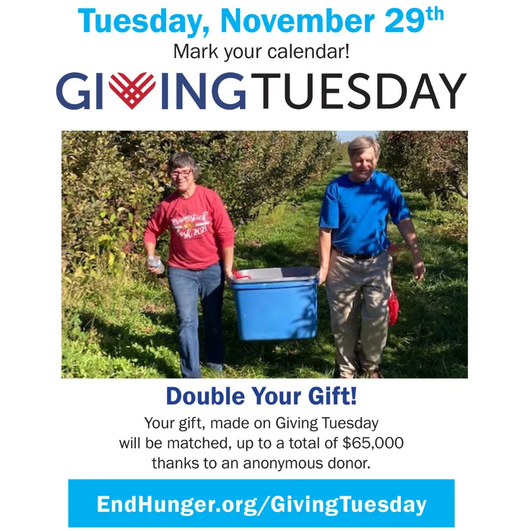 Double Your Gift for Giving Tuesday, November 29! Your gift, made on Giving Tuesday, will be matched up to a total of $65,000! Mark your calendar to #endhunger!