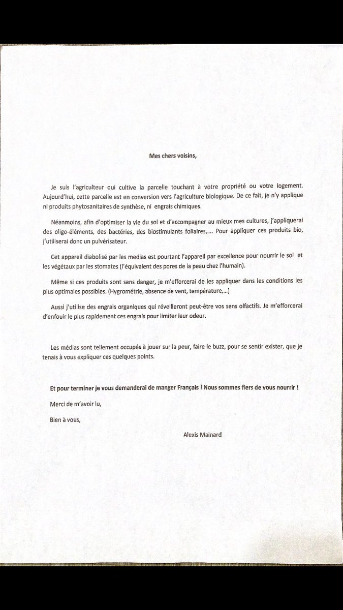 🔴Quelques explications sur l’usage du #pulverisateur en #bio. J’ai posté ce courrier à mes voisins de parcelles pour les informer sur nos pratiques agricoles.
Pas certain que ça tienne sur la feuille de route de <a href="/OuestFrance85/">Ouest-France 85</a> <a href="/franceinter/">France Inter</a>  #agriculture 🌾🌻🌞