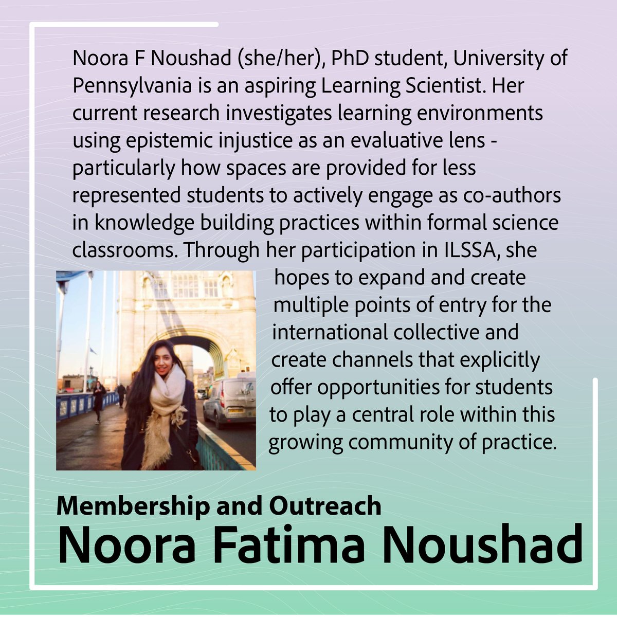 ISLS_ILSSA's tweet photo. #GetToKnowILSSABetter
Meet Noora, who’s behind ILSSA’s Membership and Outreach position.
You can follow her updates at https://t.co/cKb0reuYHz
#ISLS @islsnews #ILSSA #LearningScientists https://t.co/A35R9ctHTj
