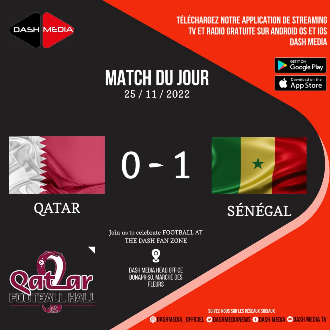 dashmedianews's tweet photo. QAT 0 - 1 SEN
#QatarWorldCup2022
#QATSEN
#QFHDASH #DASHMEDIA #DASHSPORTANDENTERTAINMENT https://t.co/IeFy1UafFN