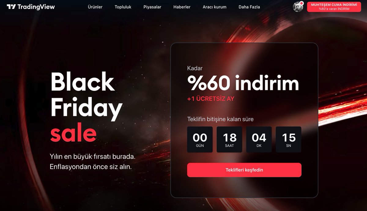 Black friday bitmeden <a href="/tr_tradingview/">TradingView Türkiye 🇹🇷</a> sayesinde bir jest de ben yapayım.
Bu tweeti rt'leyip beni ve <a href="/tr_tradingview/">TradingView Türkiye 🇹🇷</a> hesabını takip eden 1 kişiye 1 yıllık premium üyelik hediye edeceğim. 
Not :Çekiliş süresi bu geceye kadardır.