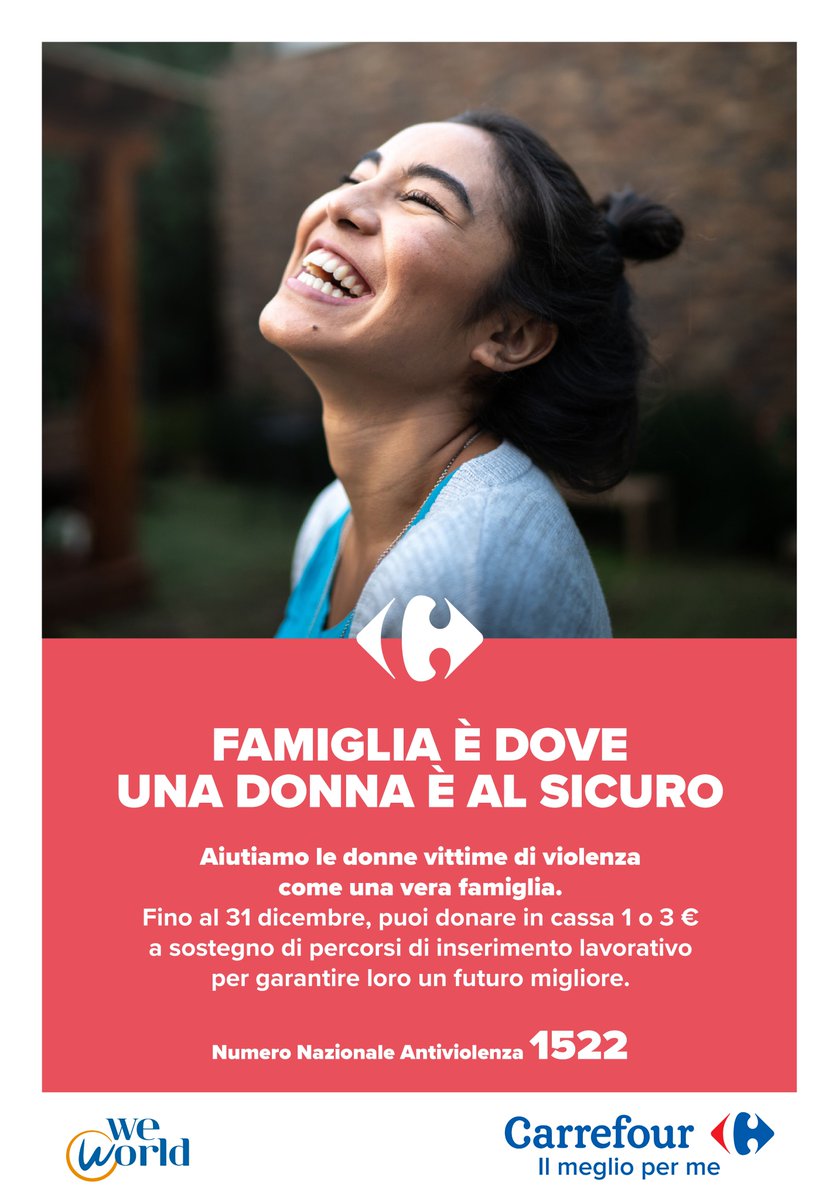 Carrefour Italia (@carrefouritalia) on Twitter photo "Famiglia è dove una donna è al sicuro” è il programma di iniziative con <a href="/WeWorldOnlus/">WeWorld Onlus</a> per sostenere le #donne vittime di violenza.
Formazione per gli operatori #Carrefour
Inserimento lavorativo per donne vittime di violenza
Raccolta fondi negli store
#insiemesipuò #25novembre "Famiglia è dove una donna è al sicuro” è il programma di iniziative con <a href="/WeWorldOnlus/">WeWorld Onlus</a> per sostenere le #donne vittime di violenza.
Formazione per gli operatori #Carrefour
Inserimento lavorativo per donne vittime di violenza
Raccolta fondi negli store
#insiemesipuò #25novembre